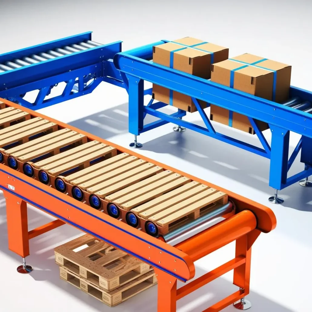 🏭Top 5 Conveyor Types Used in Middle Eastern Factories: Boosting Material Handling Performance in 2025 2 gravity roller conveyor blue and orange color one of the conveyors transporting cartons and the other transforming pallets